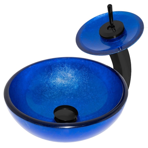 Novatto Mini 12-inch Blue Foiled Glass Vessel Bath Sink Set, Matte Black NSFC-S132-1217003MB - main